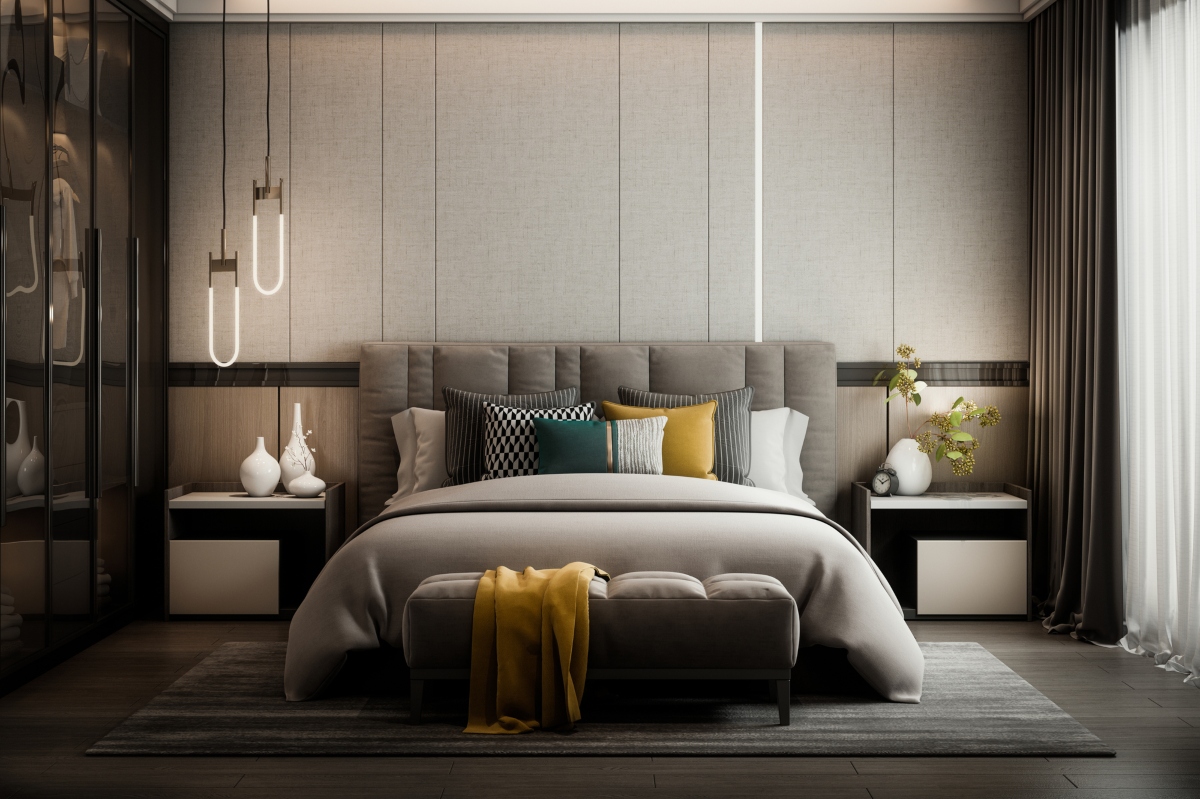 Dark and moody modern master bedroom