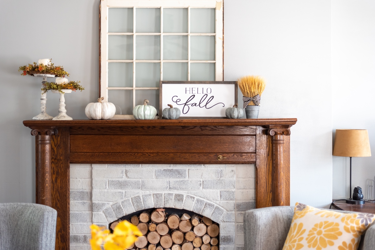 fall rustic fireplace mantel decor