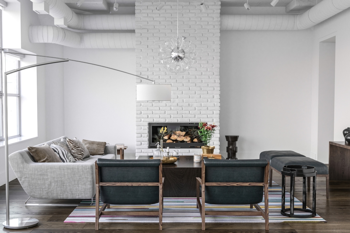 modern black and white living room with large white fireplace