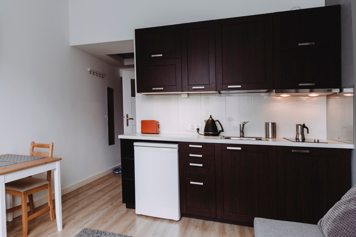 Small kitchenette with mini fridge in the basement