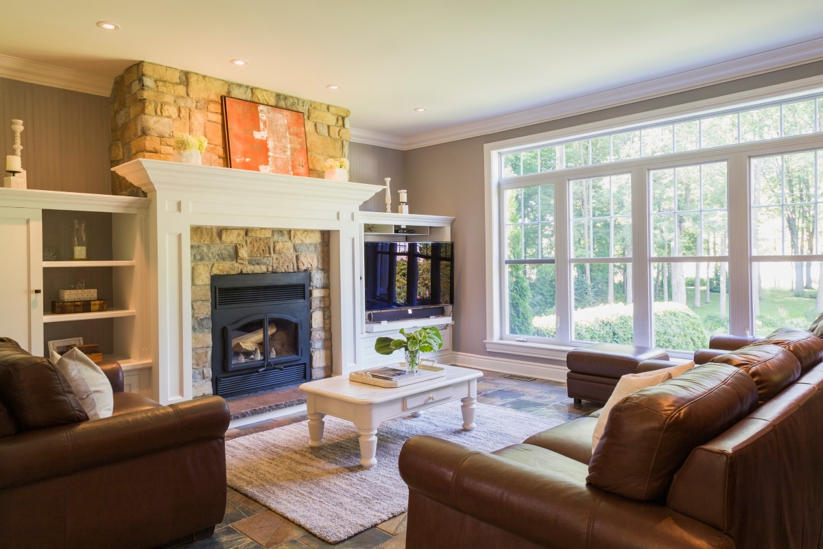 traditional living room with brick fireplace