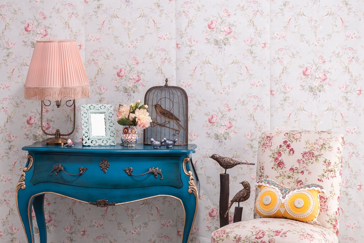 Grandmillenial design with vintage floral wallpaper