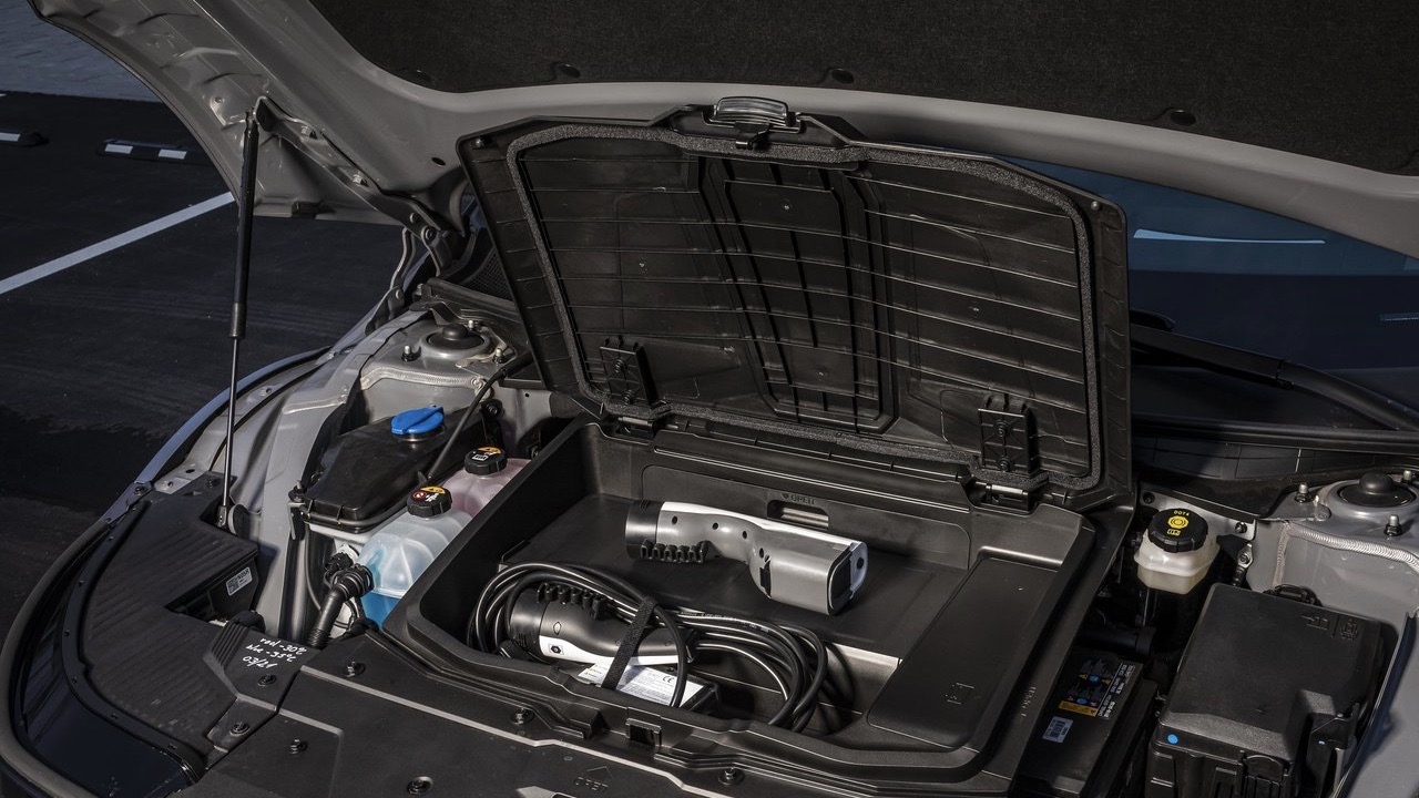 Hyundai Ioniq 5 fron trucl, or 'frunk', with mobile charger.