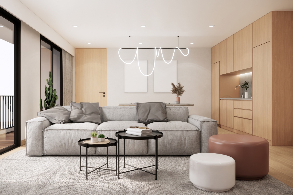 Japandi home interior living room with unique light feature