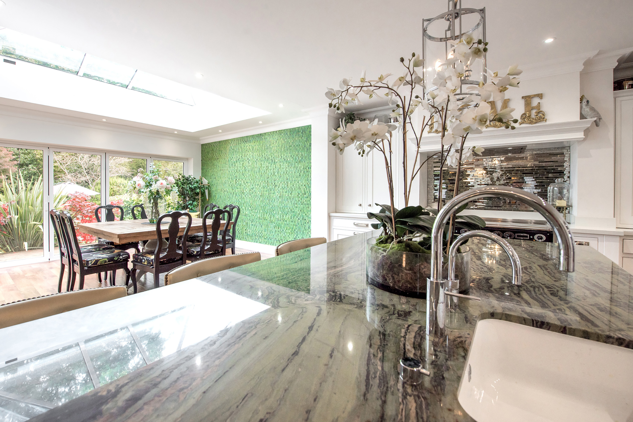 Kitchen with greenish gray quartzite counters