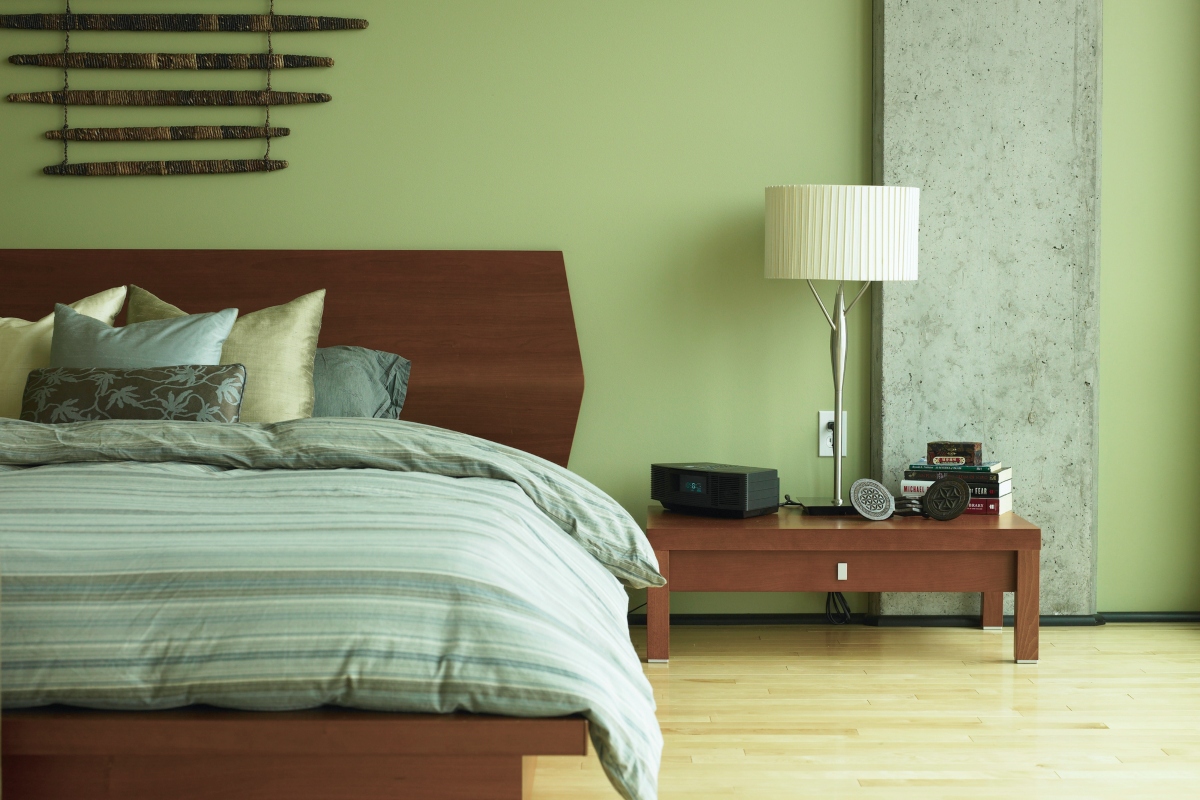 Pale green bedroom walls.