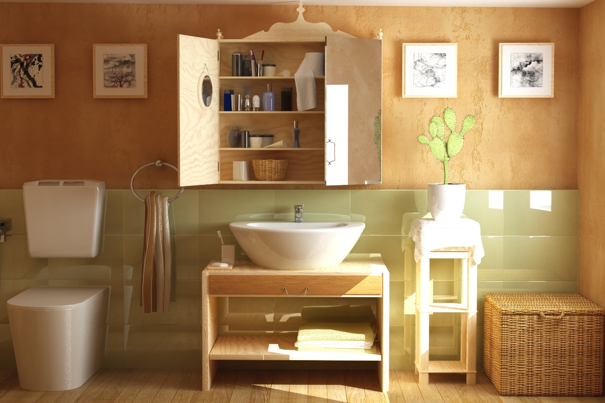 vintage and retro styled bathroom with peach walls