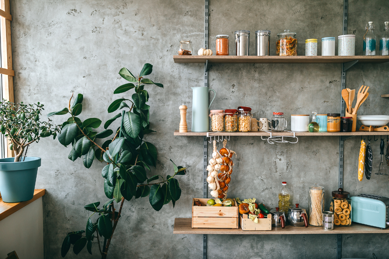 Small kitchen storage shelves.