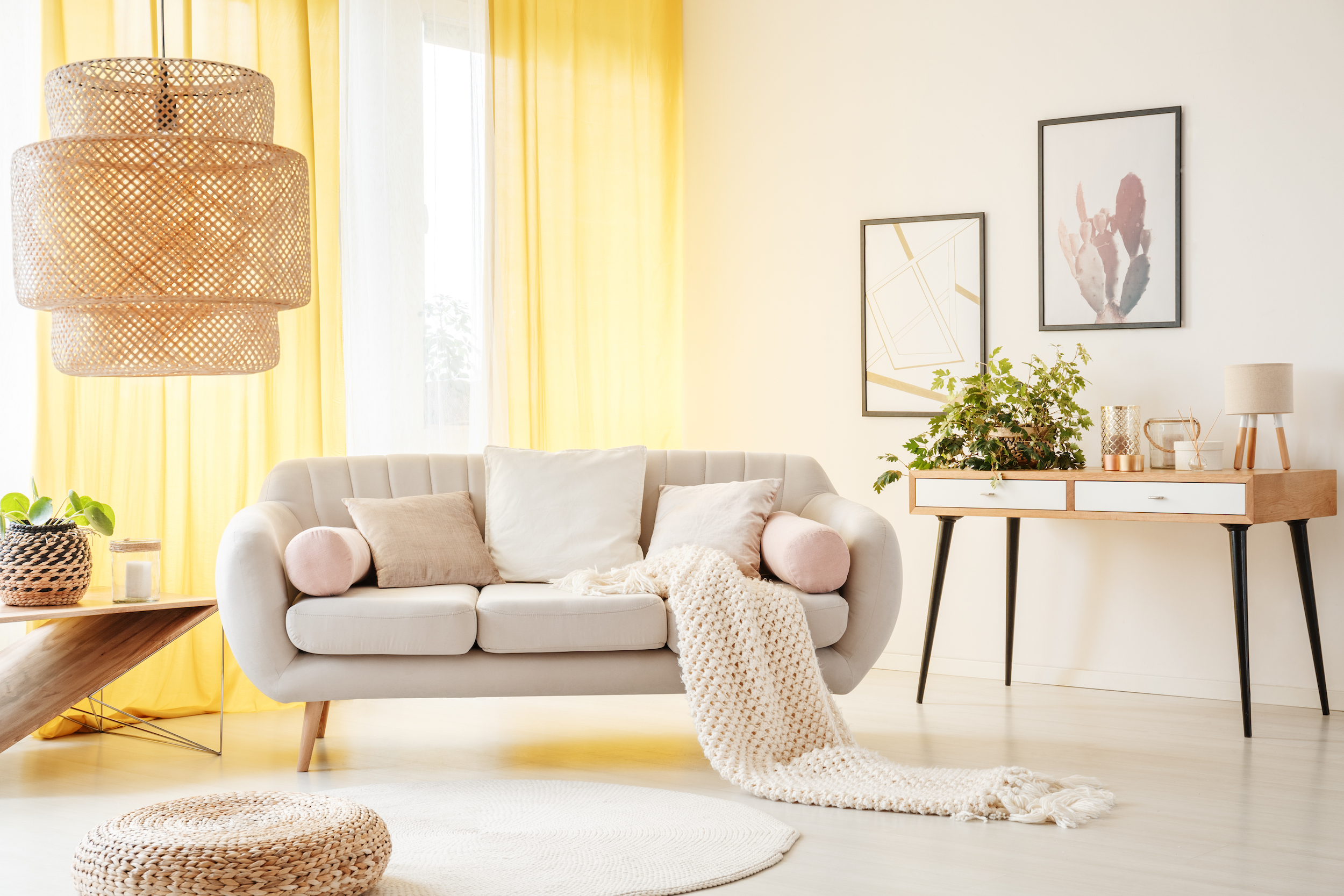 Living room with yellow curtains.