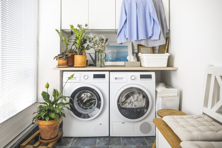 Small laundry room with washer and dryer and potted plants