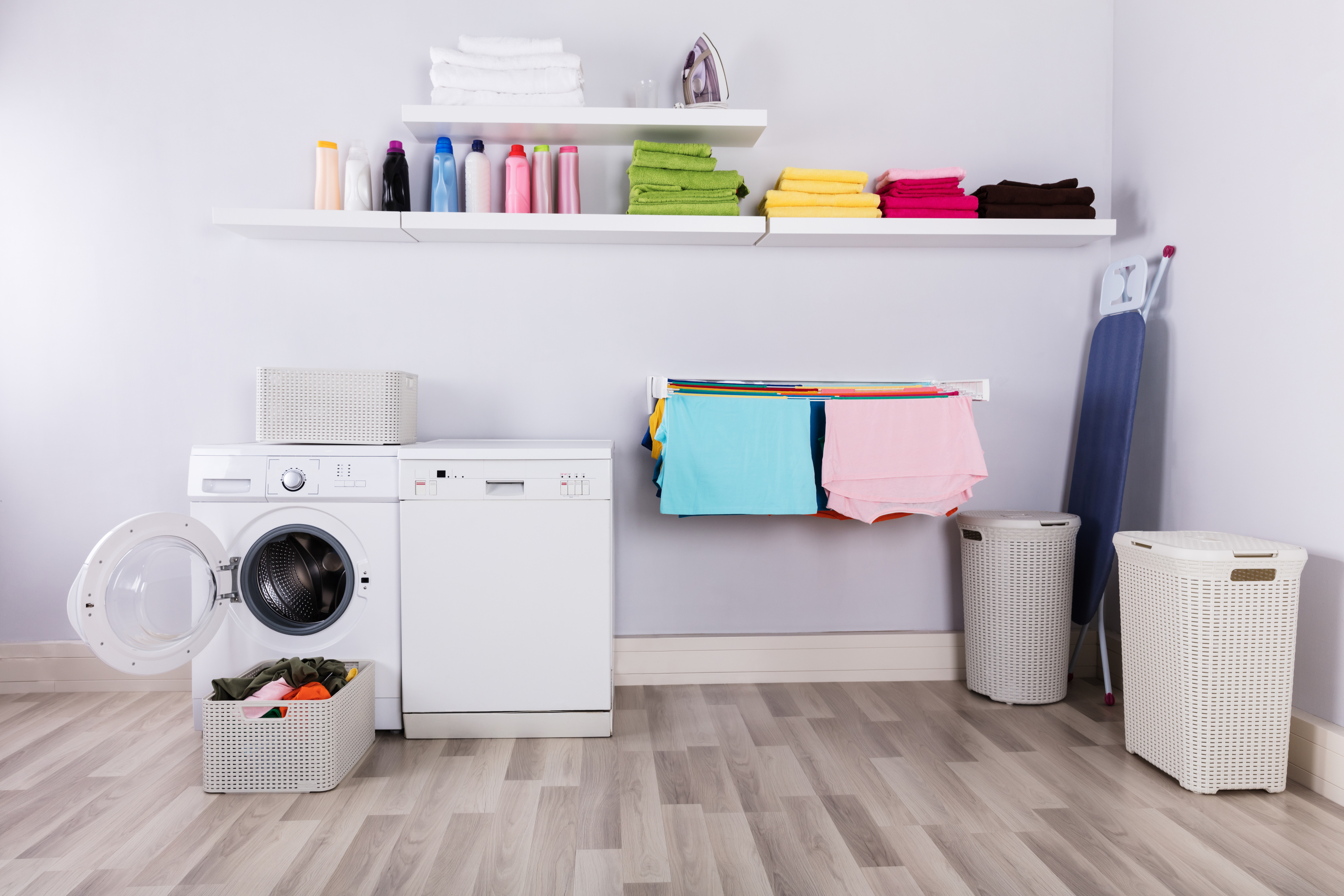 High-up shelves in laundry room.