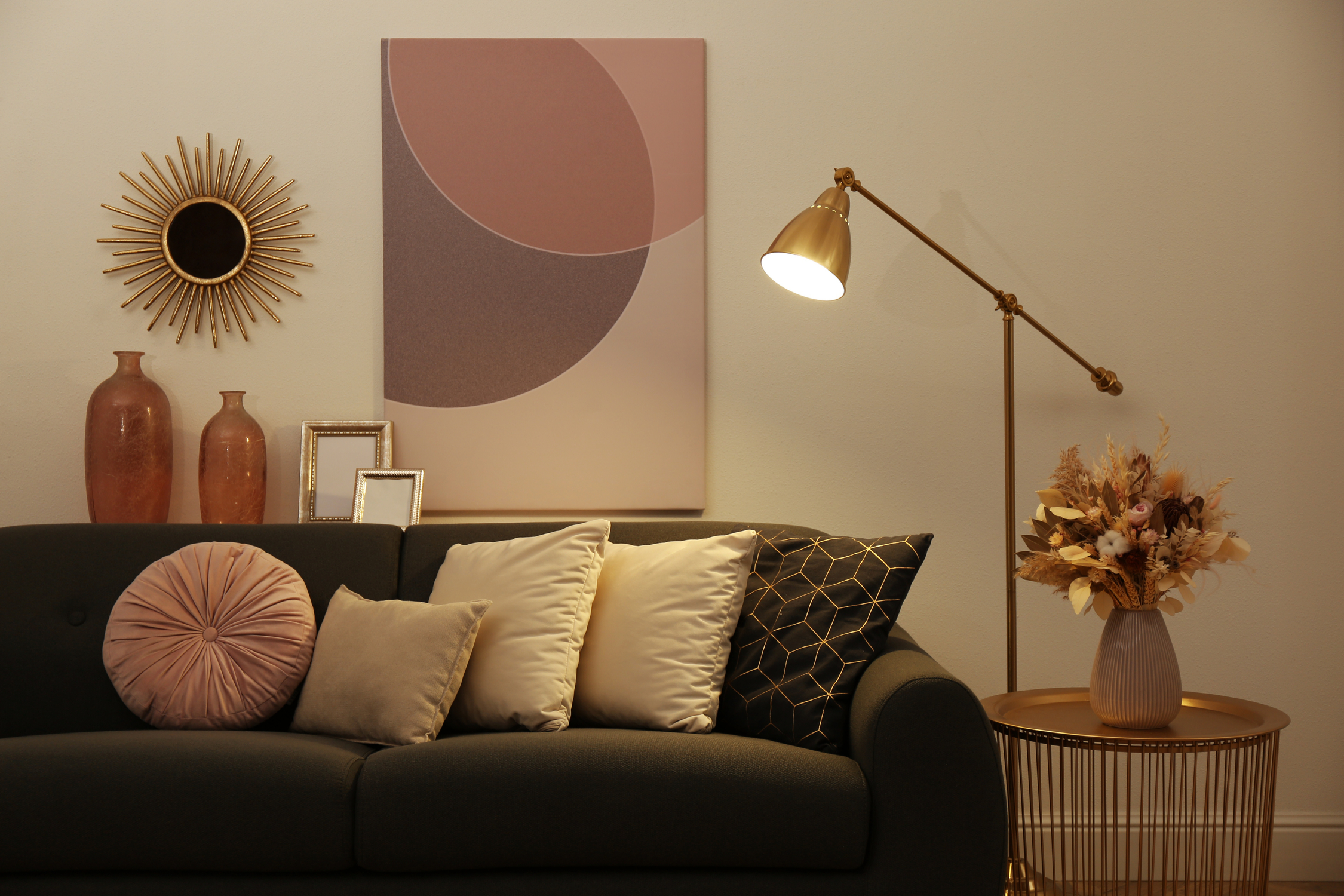Floor lamp and sofa in living room