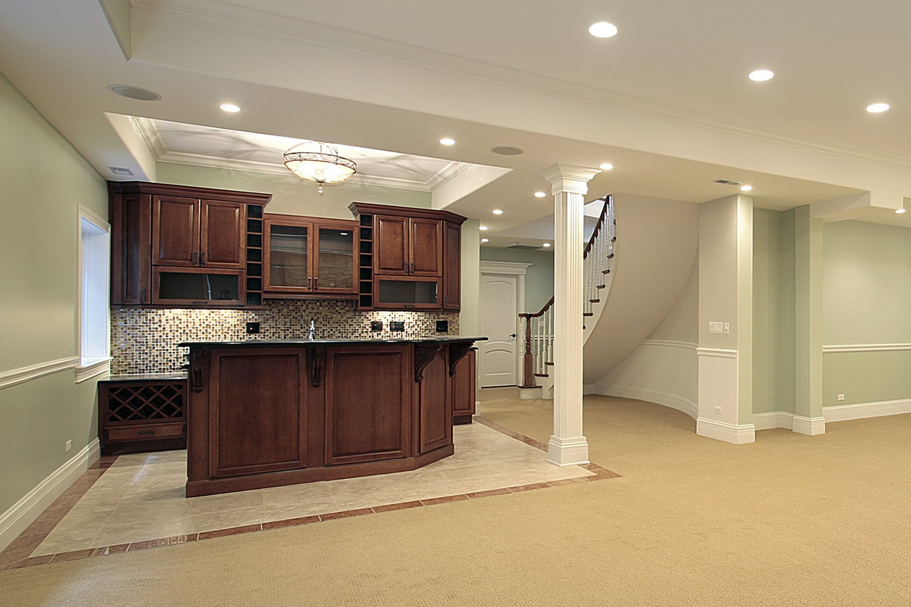 Green basement with bar