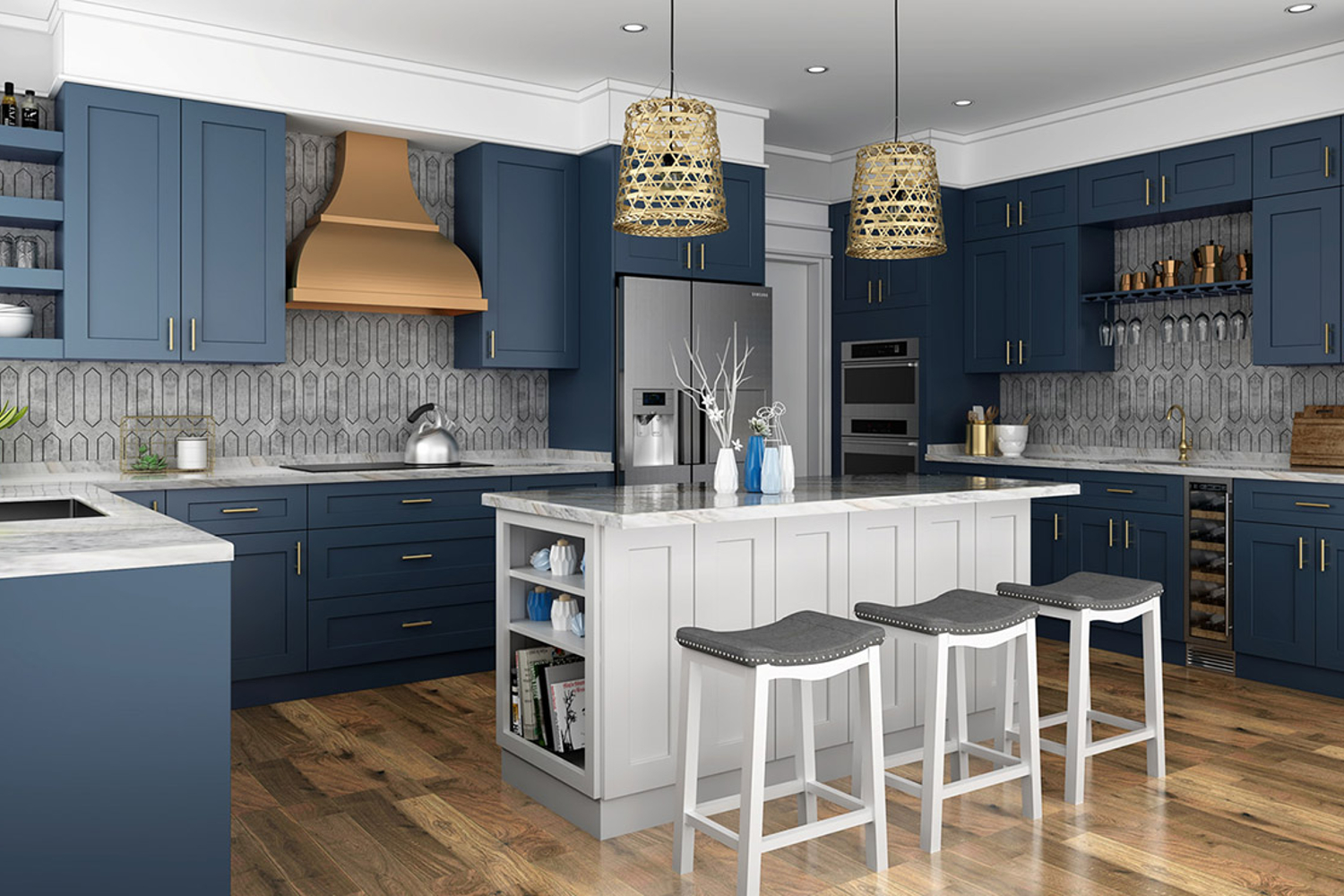 Kitchen with dark blue cabinets and copper hardware