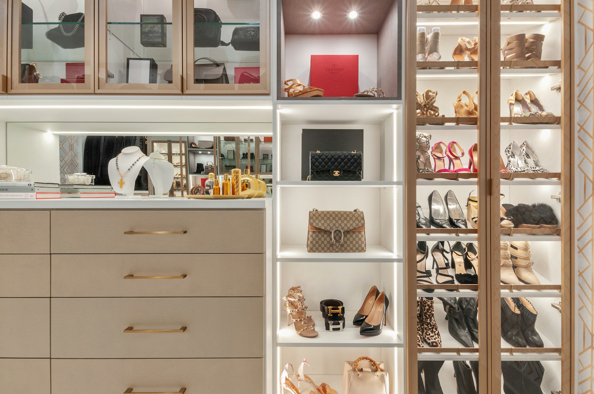 accessories in an organized walk in closet