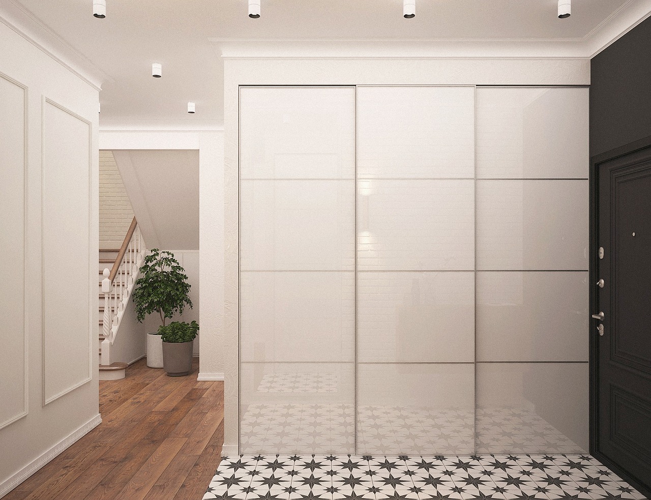 White hidden storage in foyer