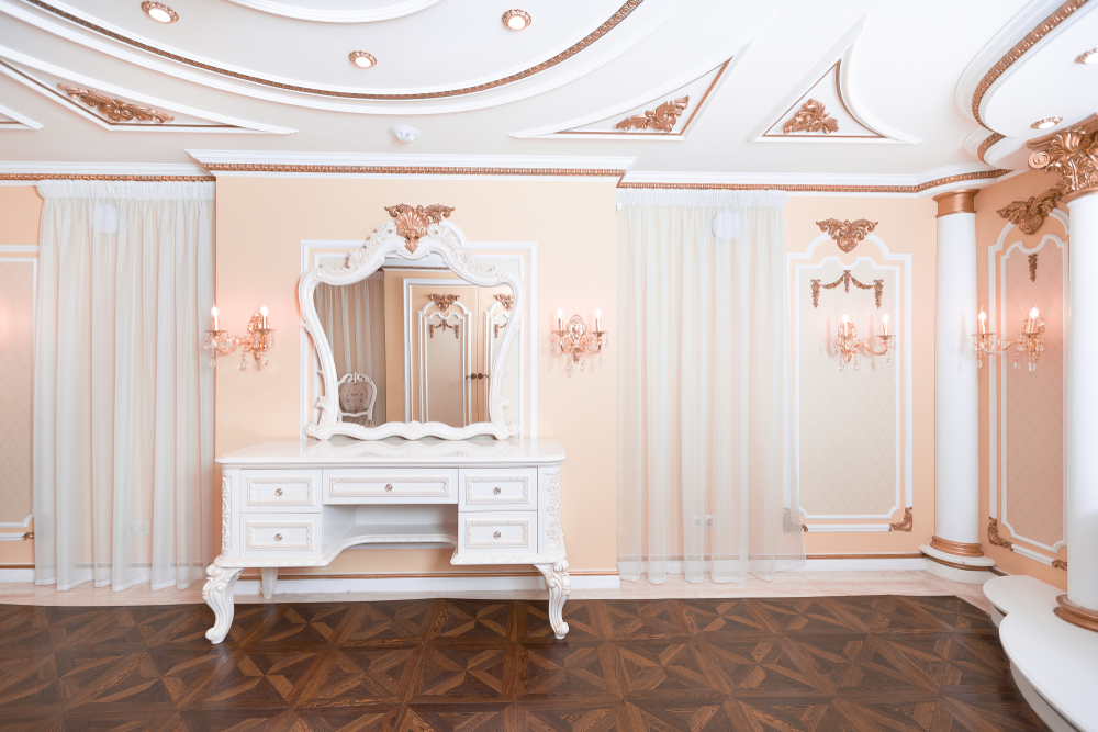 Luxuriously room without windows with curtains hung on walls