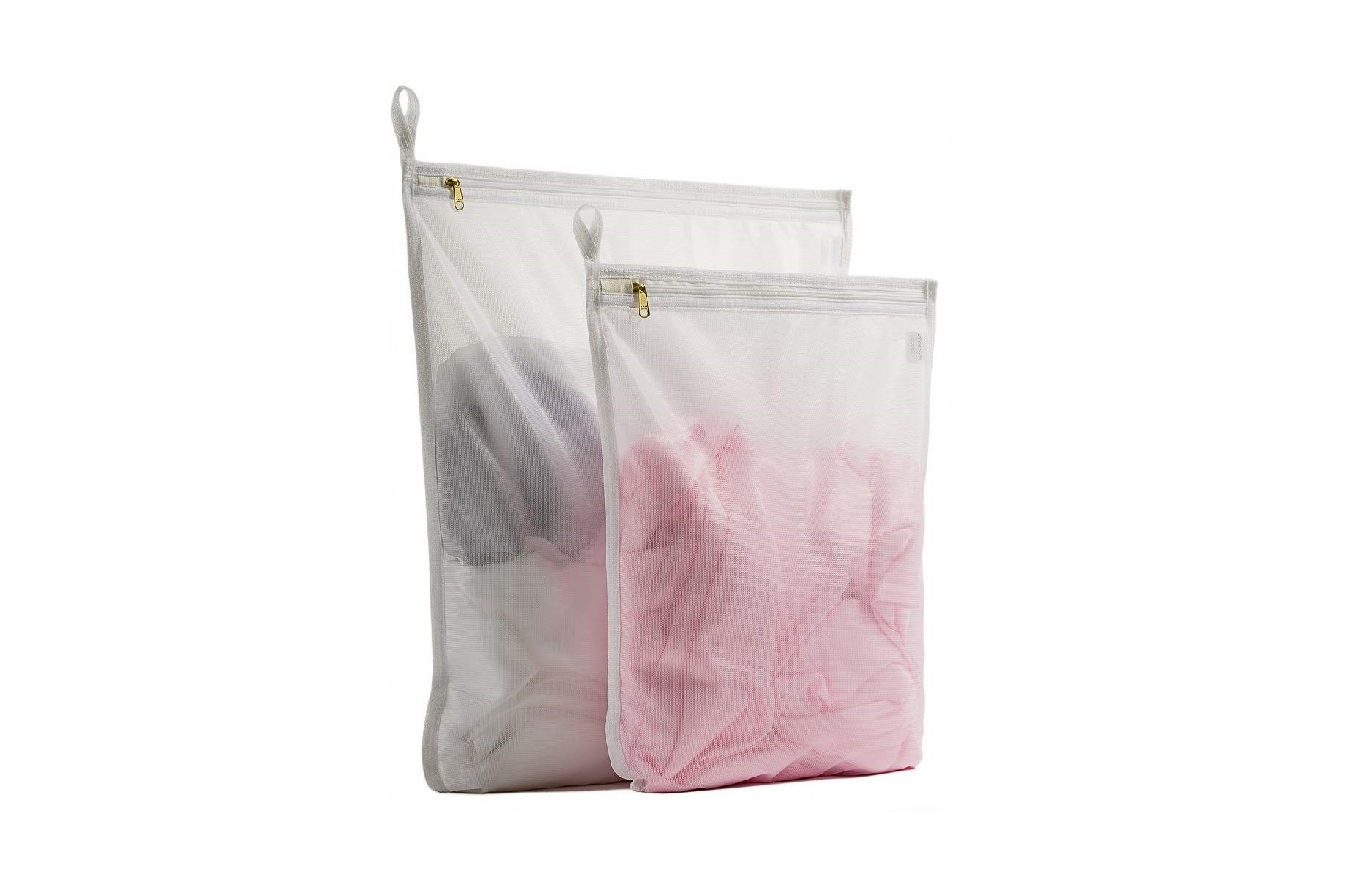 Two Tenrai Delicates Laundry Bags with clothes in them on white background.