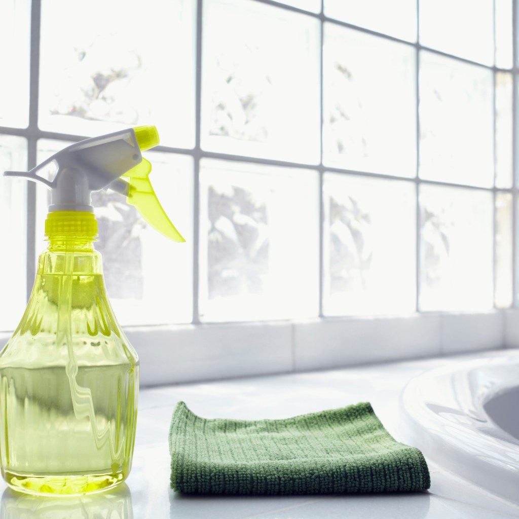 cleaning solution and cloth on coutnertop