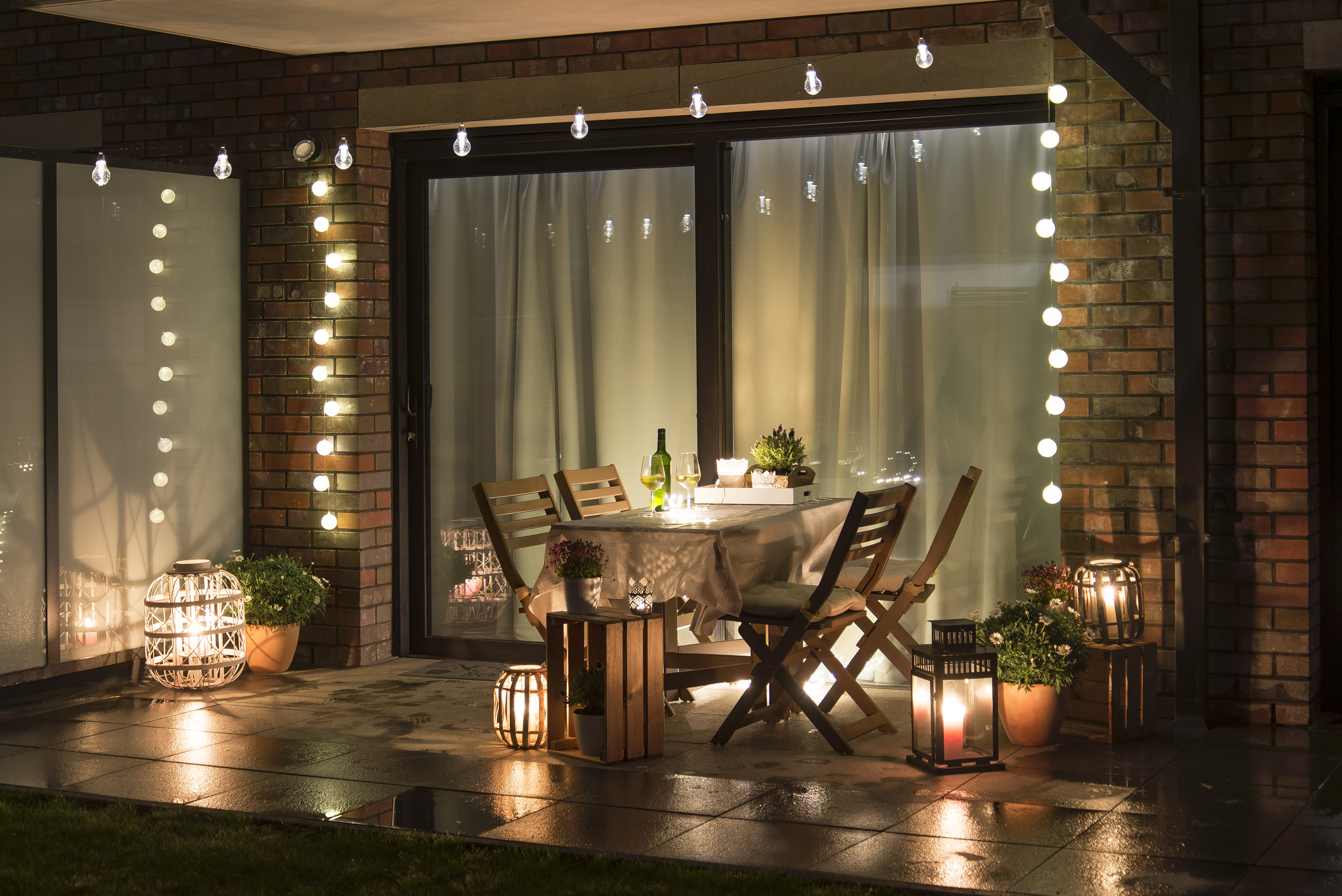 small patio with string lights