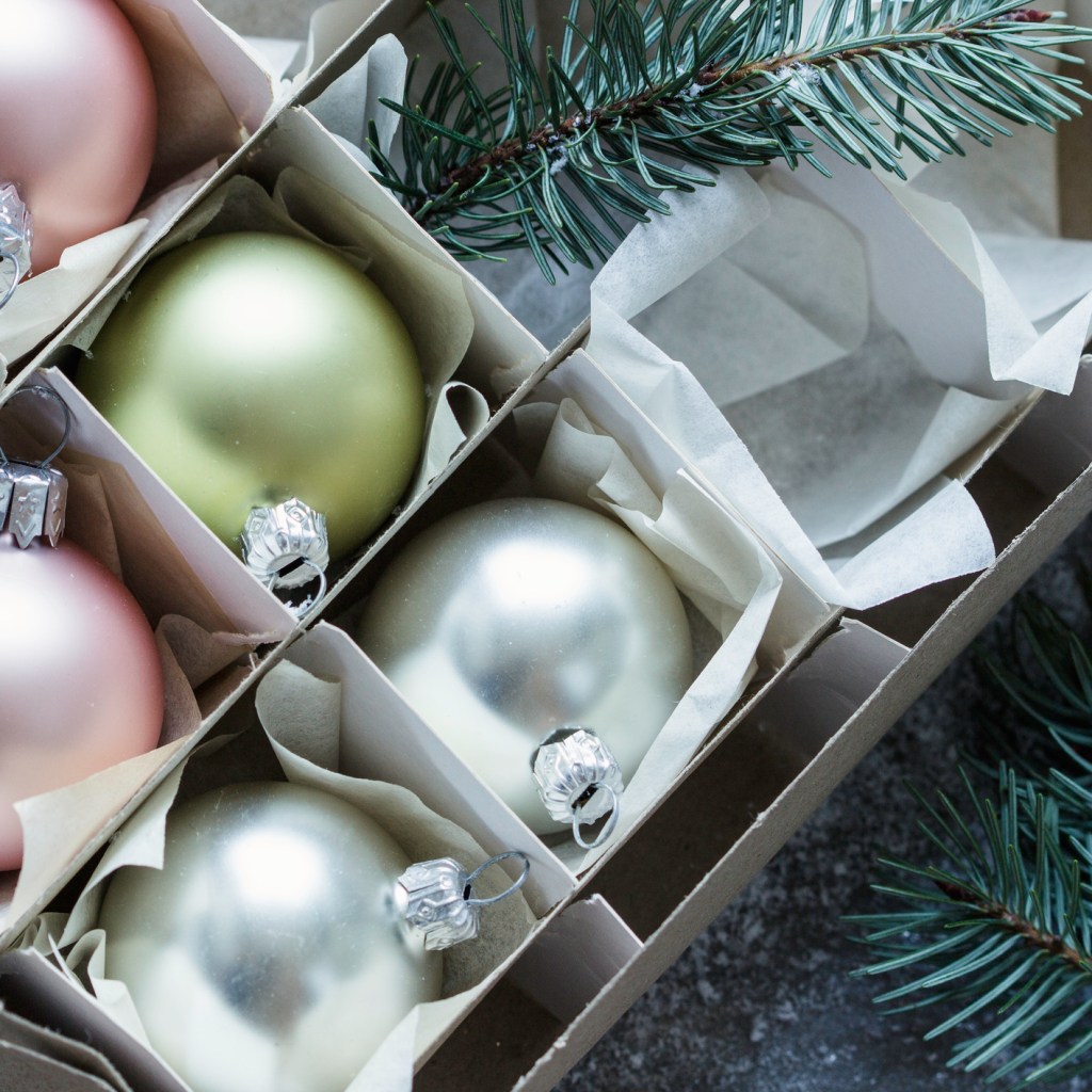 Ornament storage box with glass ornaments
