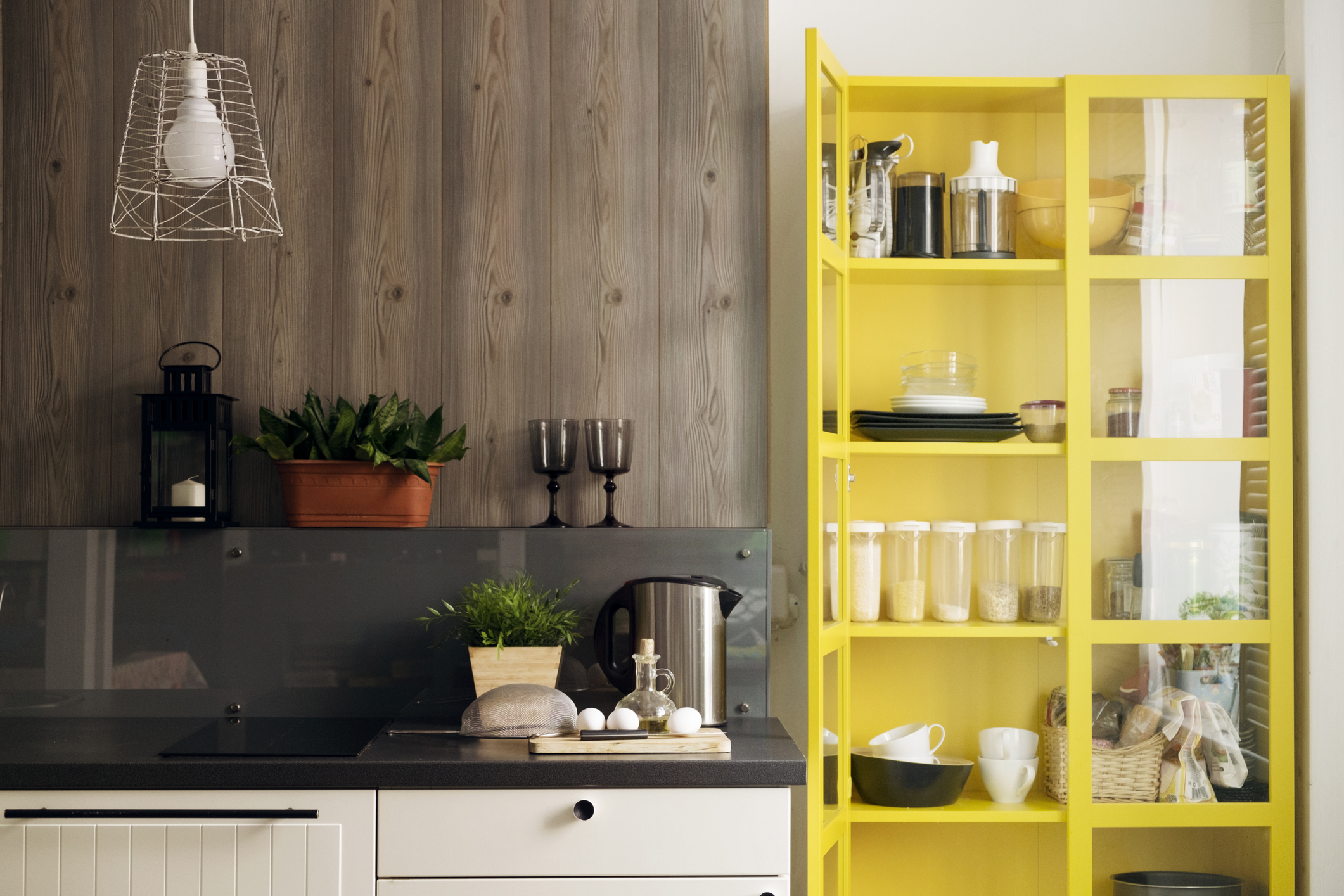kitchen with yellow shelf