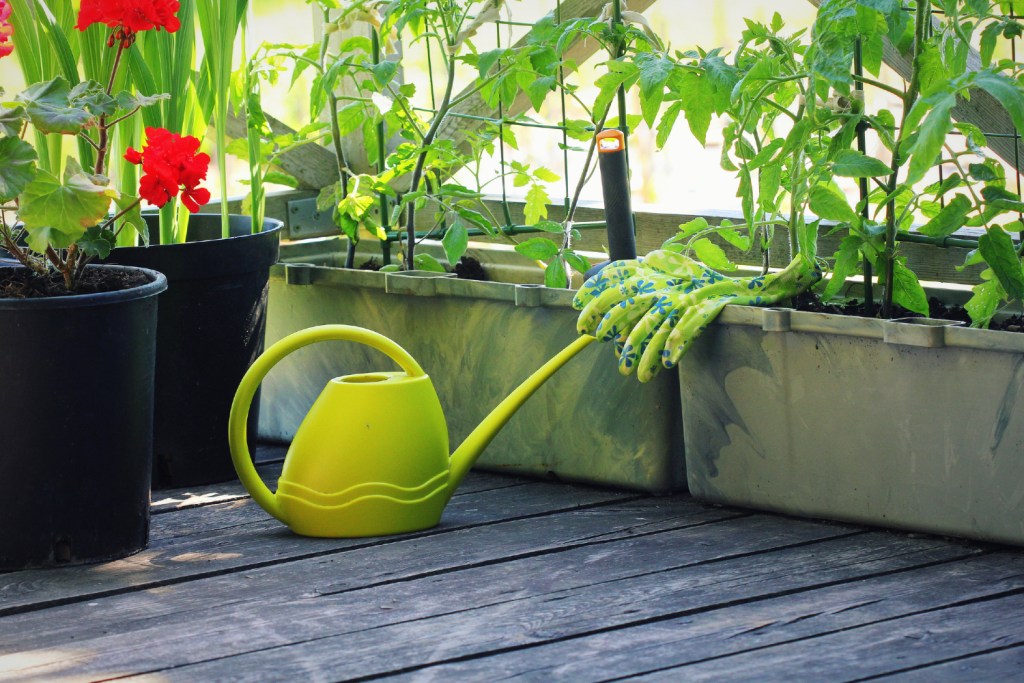 Balcony garden with watering can