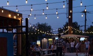 evening with string lights on patio