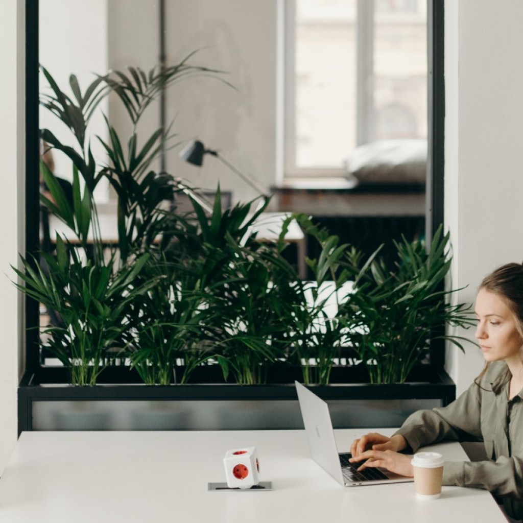 Woman working at desk with mirror and plants