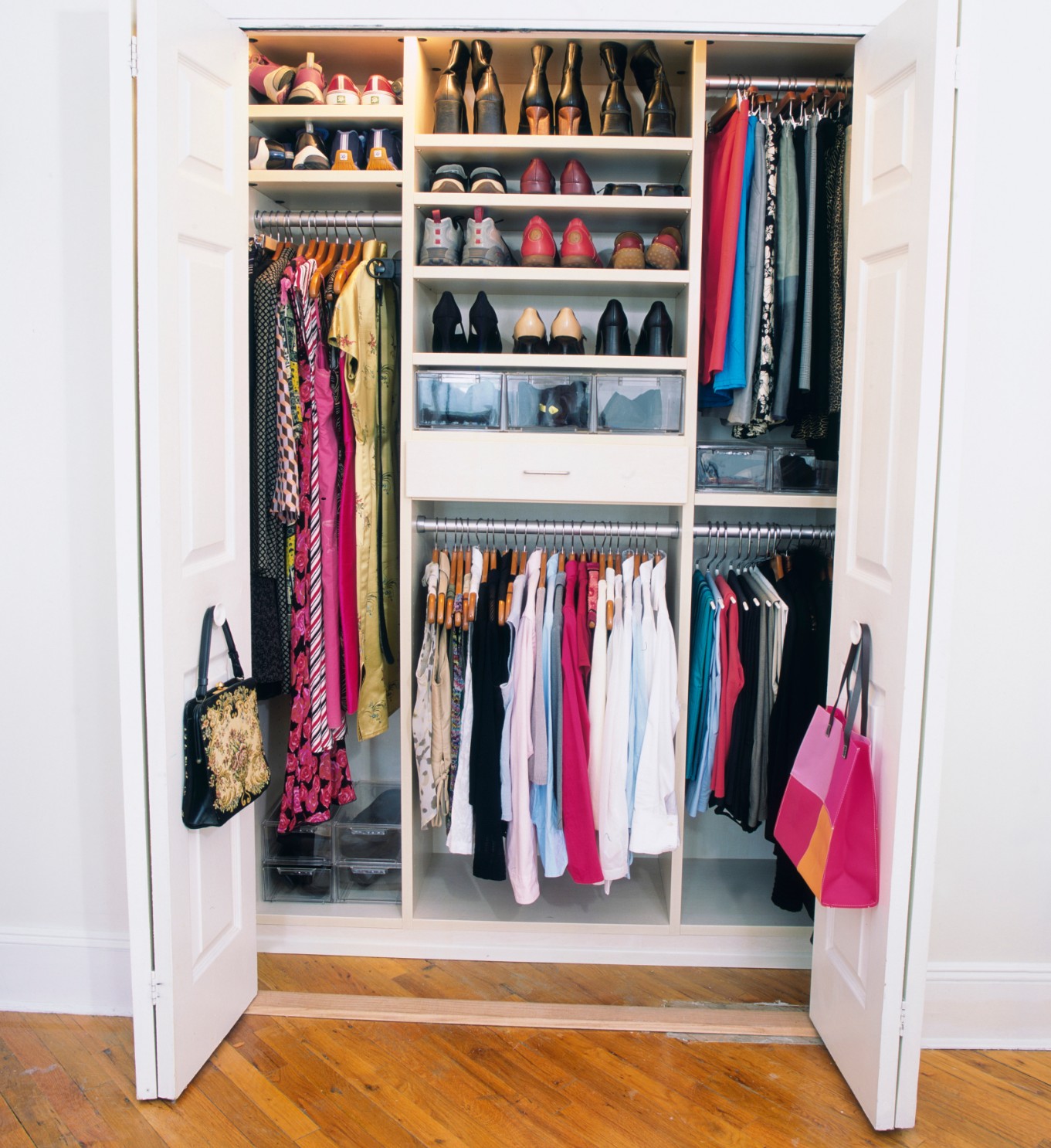 Organized closet with hanging clothes