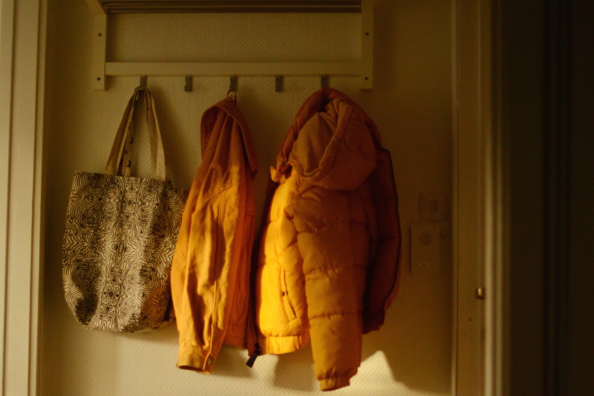 Wall hooks holding coats and bag