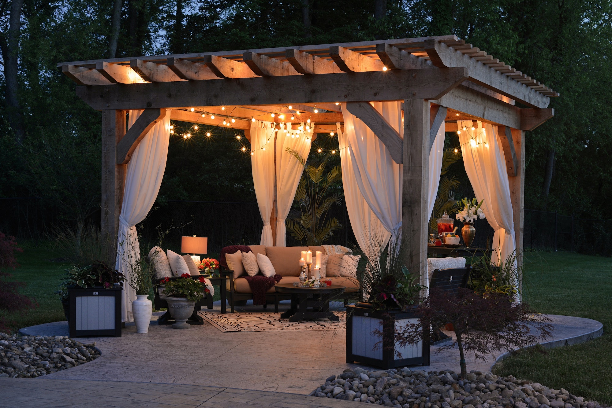 outdoor patio in evening with twinkle lights