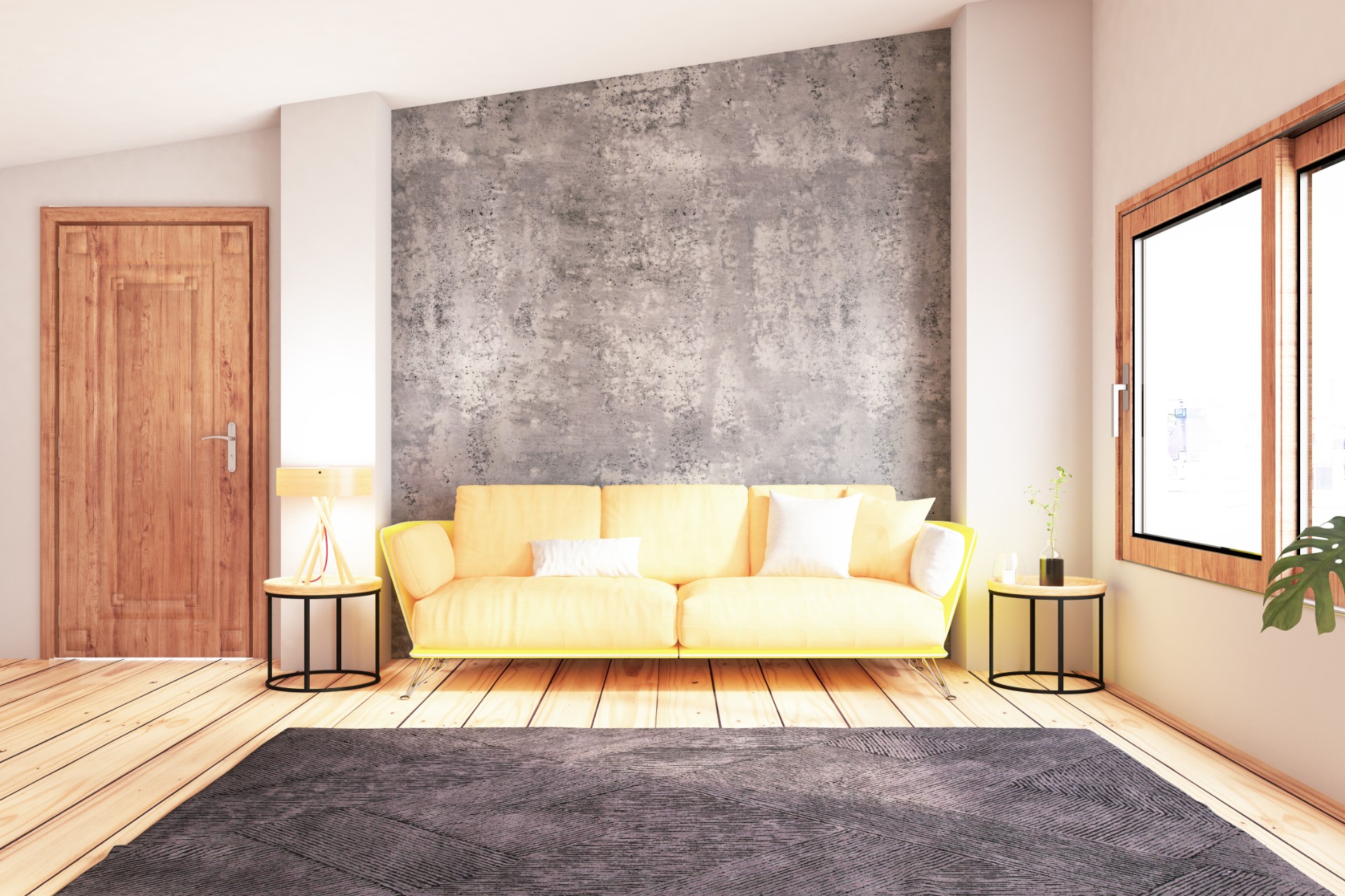 Modern living room with yellow couch and gray rug