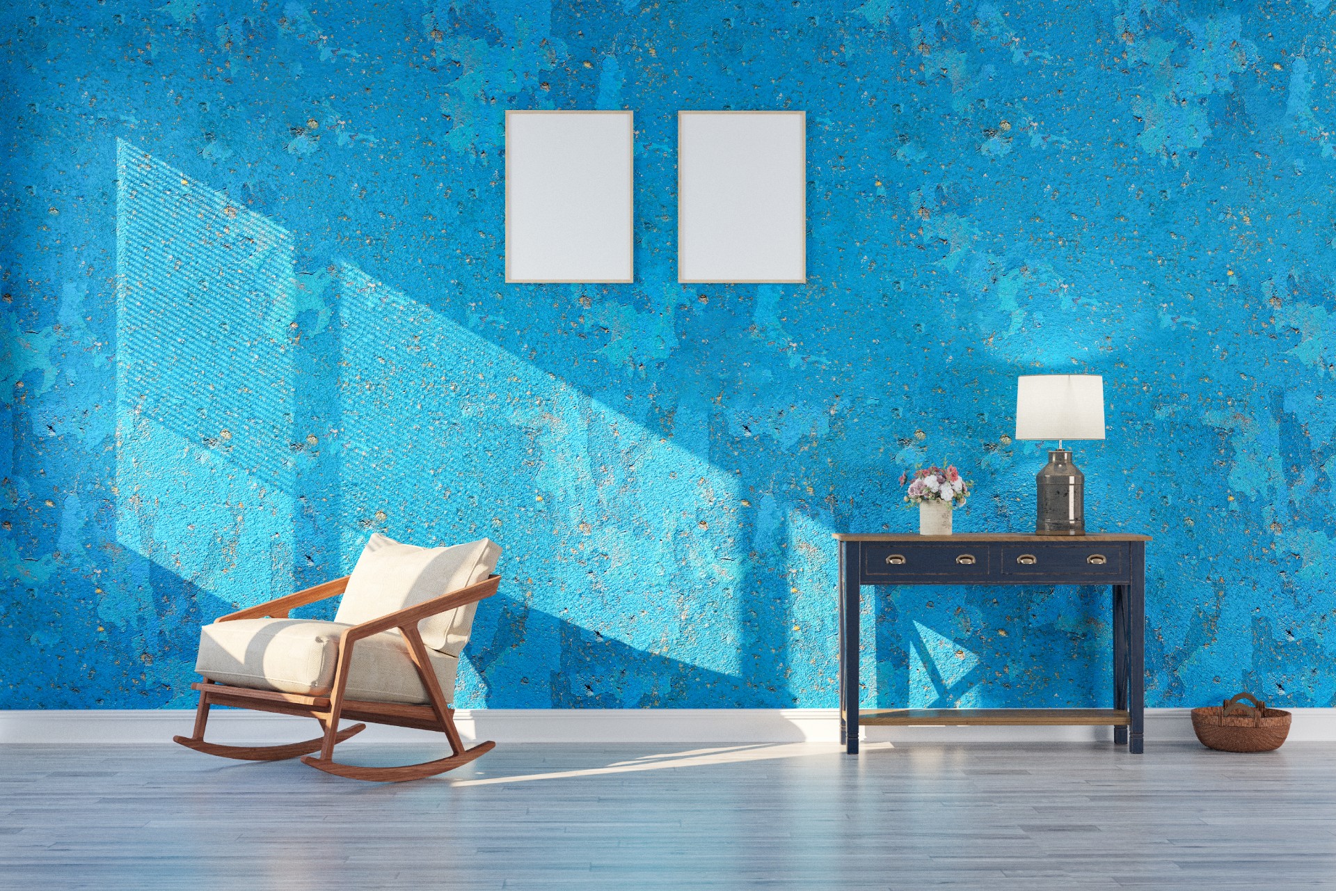 Sunny living room with blue wall, chair, and desk