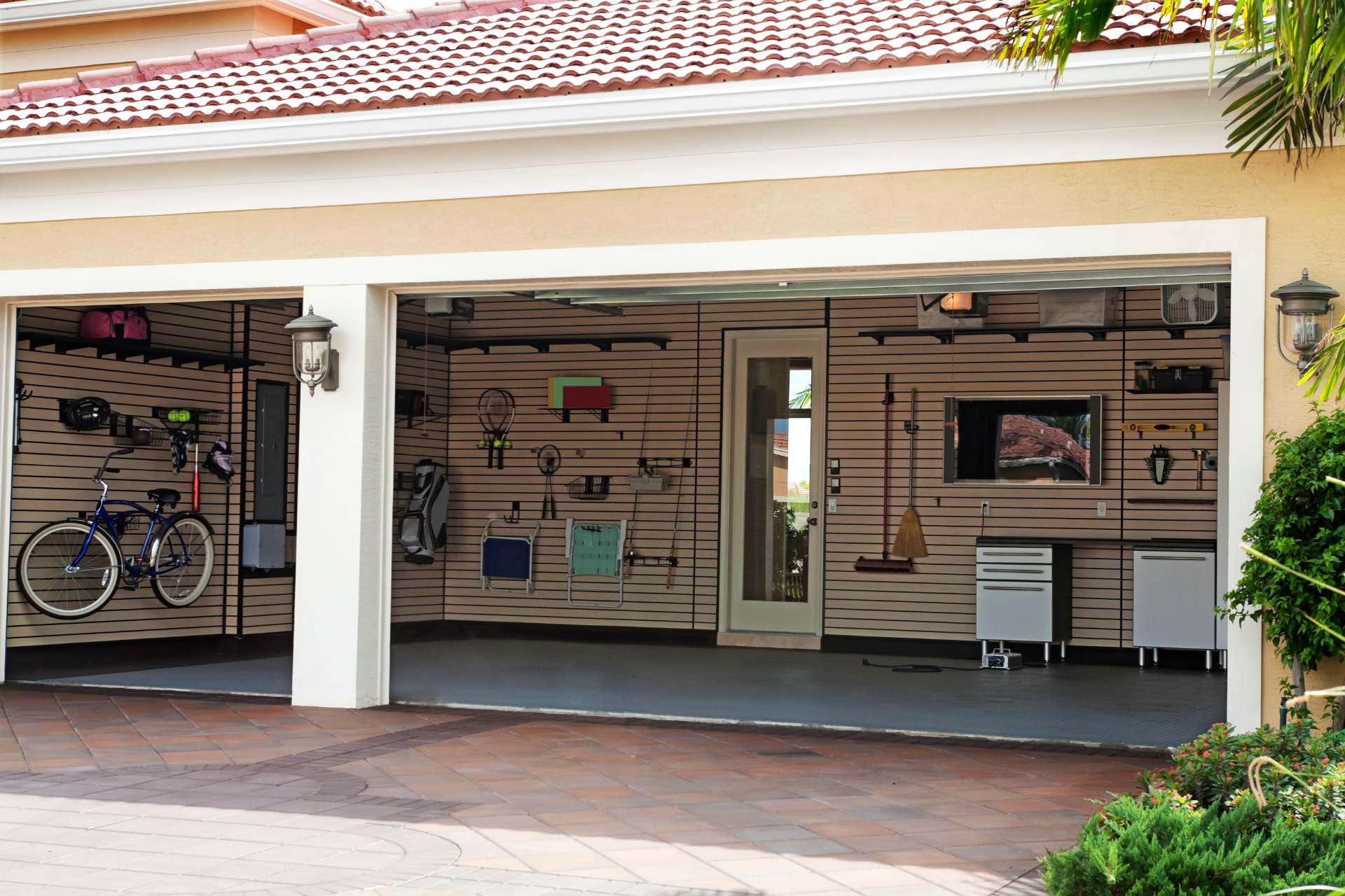 Well-organized garage with painted floor