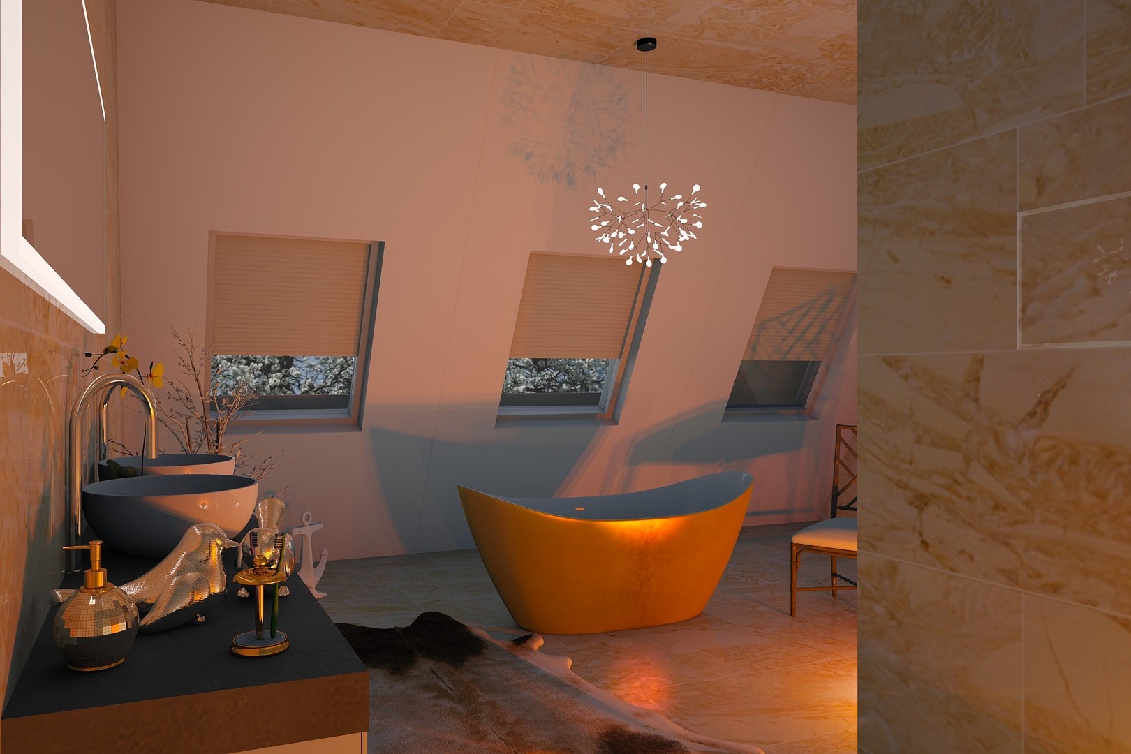 Luxurious bathroom with chandelier