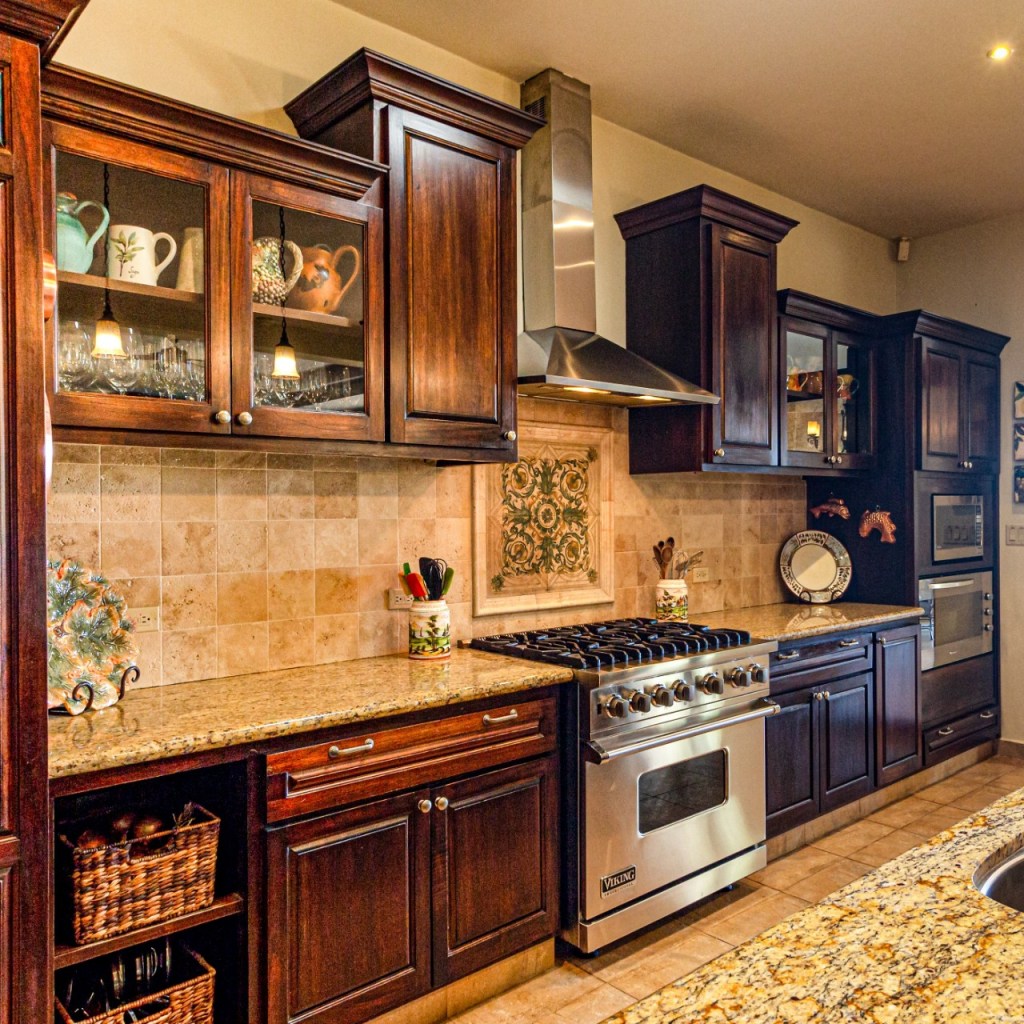 Kitchen with brown cabinets