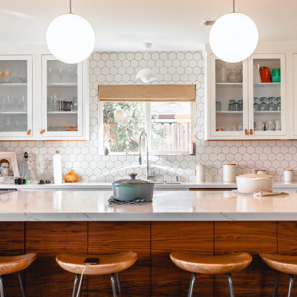 kitchen with glass-front cabinets