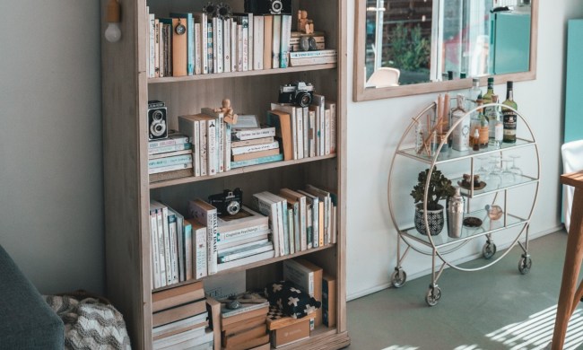 Bookshelf filled with books and decorations