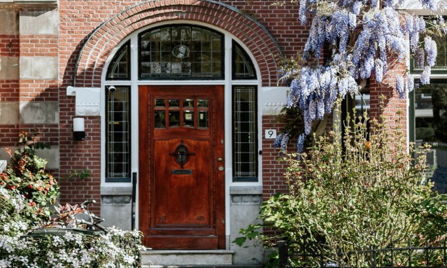 Front door view. Exterior door types of finish for wood.