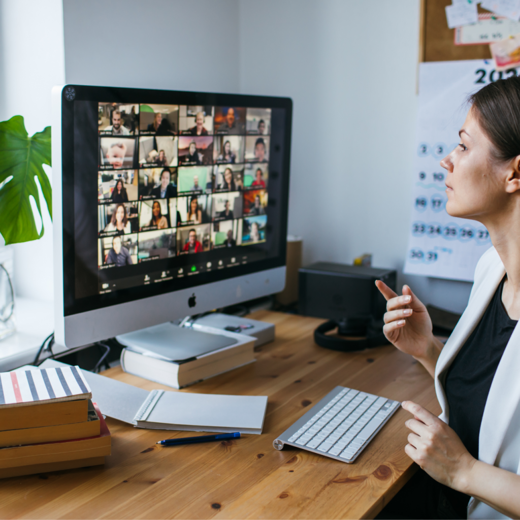 Woman at teleconference working at home