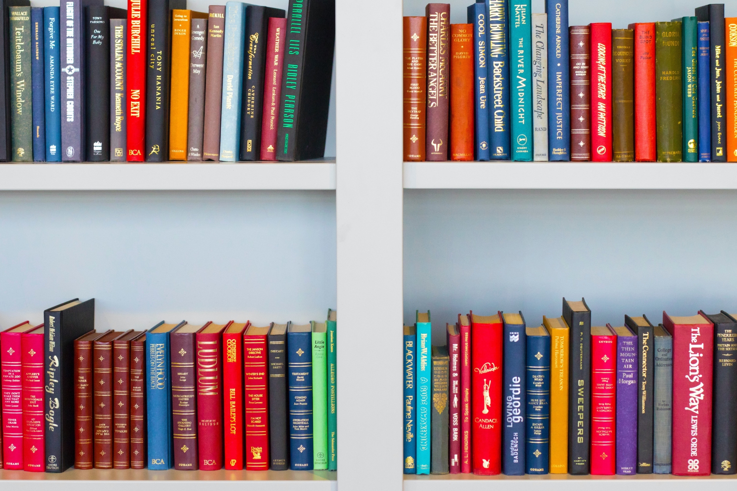 Books of all different colors are stacked on a set of white bookshelves.