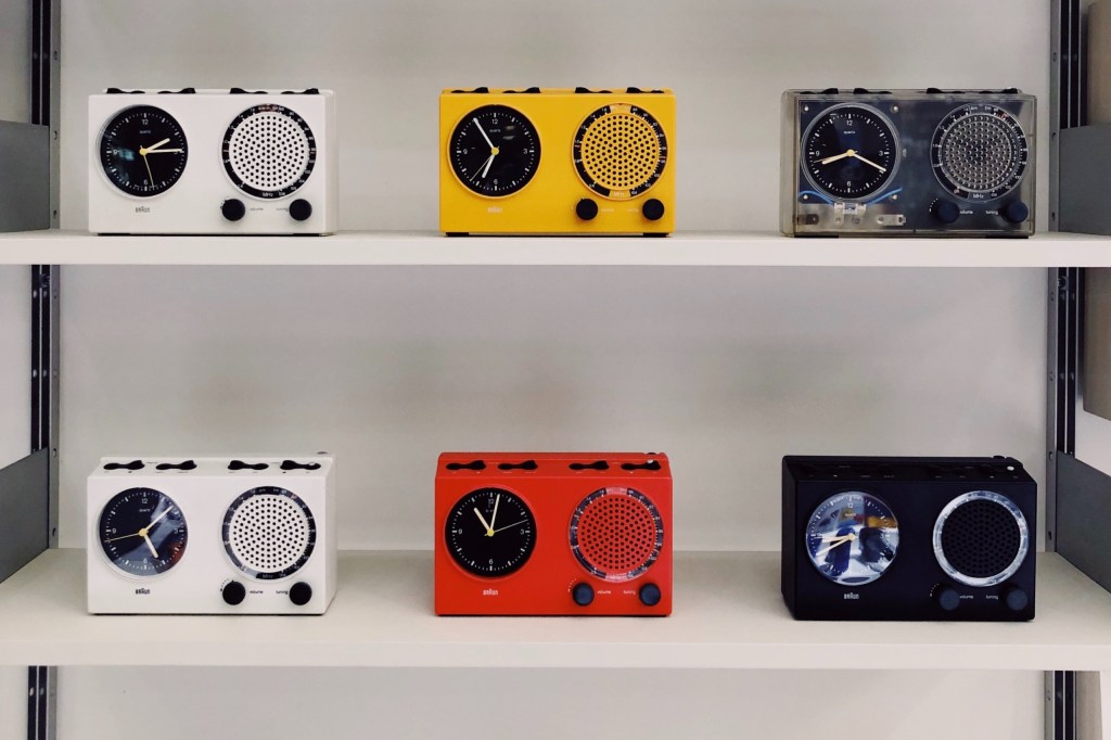 shelving with colored radios