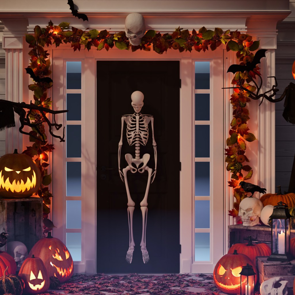 Front door decorated for Halloween