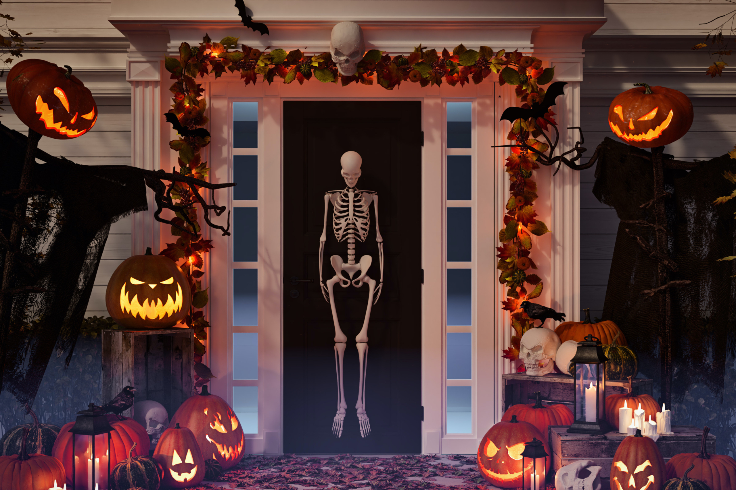 Front door decorated for Halloween