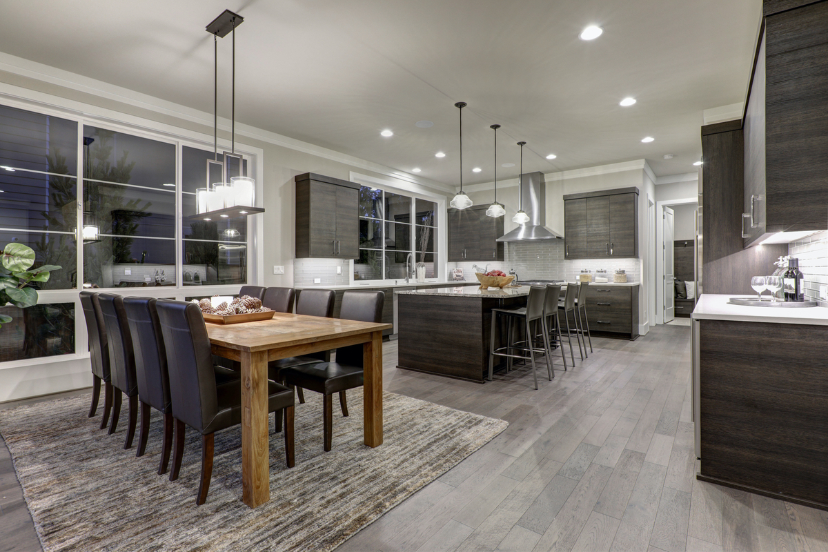 All gray open concept floor plan with dining room set