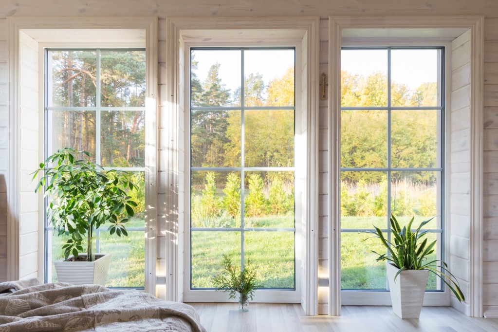 three vertical windows with a view of nature