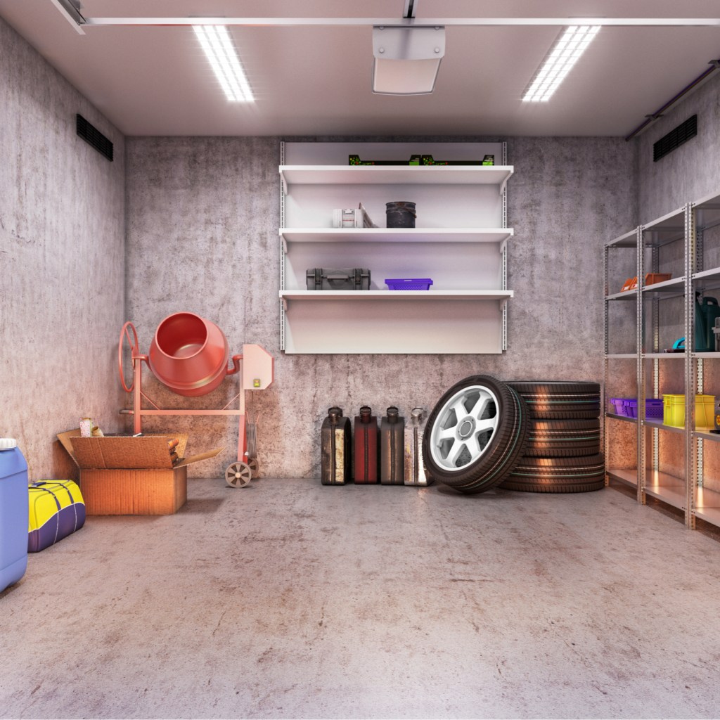 A clean garage interior with storage