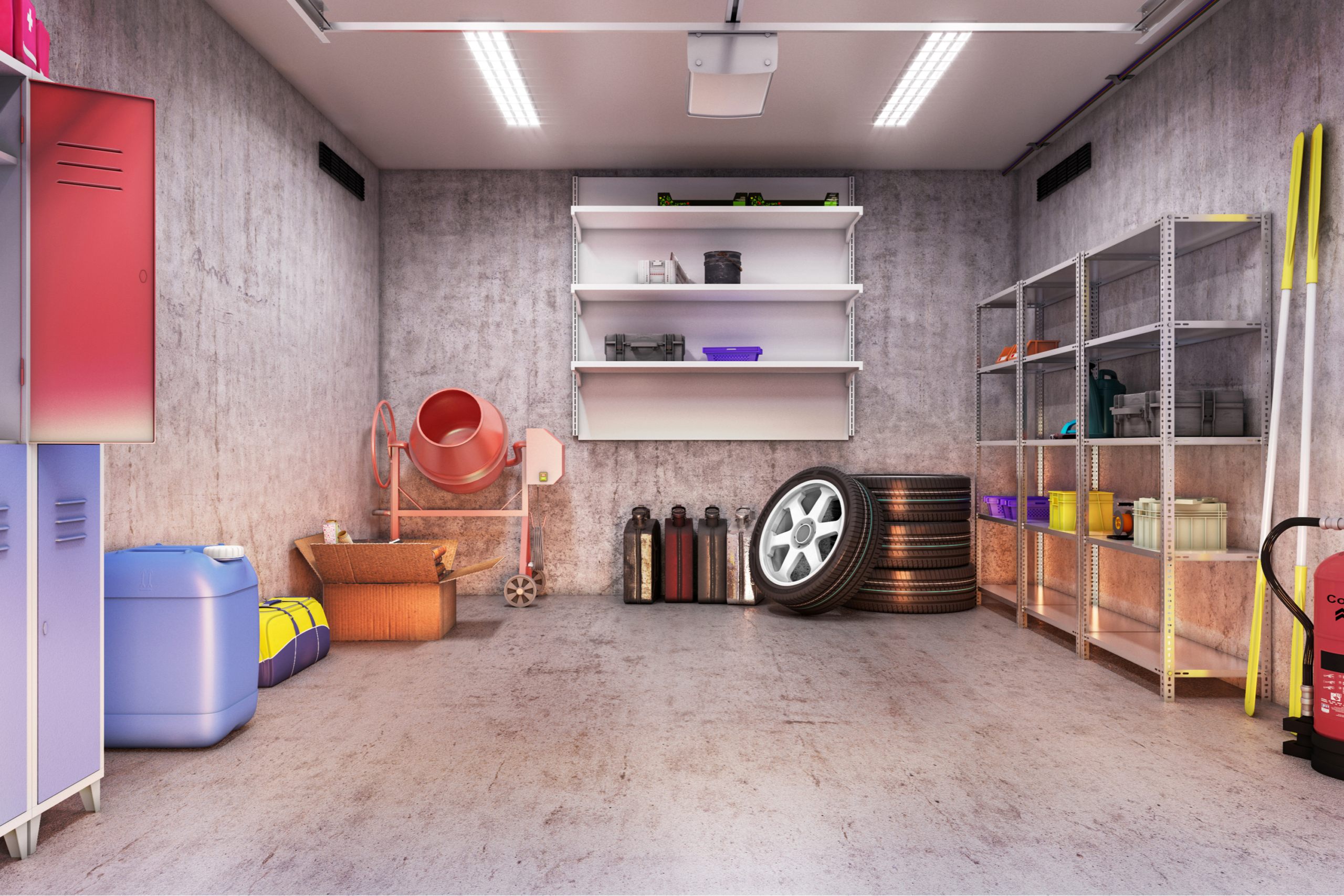 A clean garage interior with storage