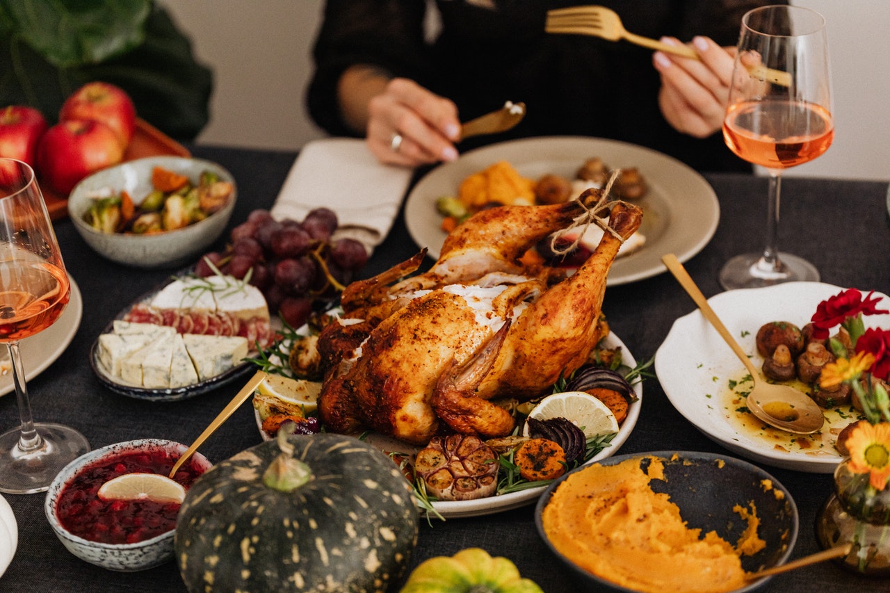 Roasted turkey and side dishes on a table